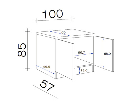 Technický nákres spodnej skrinky s rozmermi