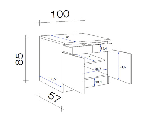 Nákres skrine so zásuvkami a otvorenými dverami, vrátane rozmerov