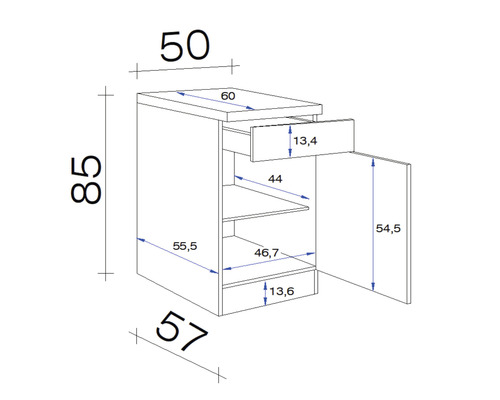 Technický nákres spodnej skrinky so zásuvkou a dvierkami s rozmermi