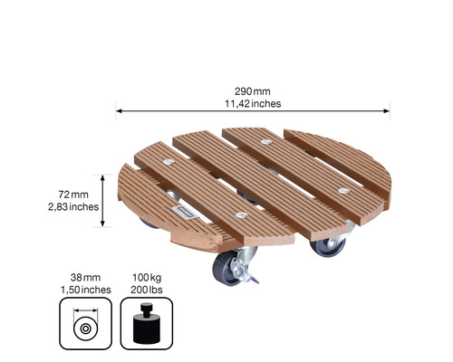 Okrúhla drevená podložka pod kvetináč s kolieskami a rozmermi