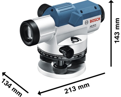 Logo Bosch GOL 20 G Professional nivelačný prístroj s rozmermi 213 mm dĺžka, 134 mm šírka a 143 mm výška