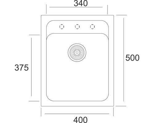 Technický nákres kuchynského drezu s rozmermi 340 x 375 x 400 x 500 mm.