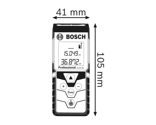 Obrázok laserového diaľkomeru Bosch GLM 40 Professional s rozmermi 41 mm šírky a 105 mm výšky.