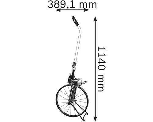 Obrázok meracieho kolieska s rozmermi: šírka 389,1 milimetrov a výška 1140 milimetrov.