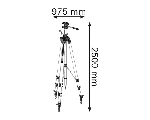 Zobrazenie nivelačného statívu s výškou 2500 mm a šírkou 975 mm.