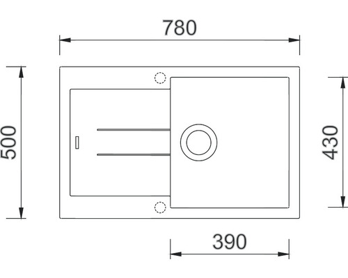 Technický nákres kuchynského drezu s rozmermi 780x500x430 mm.