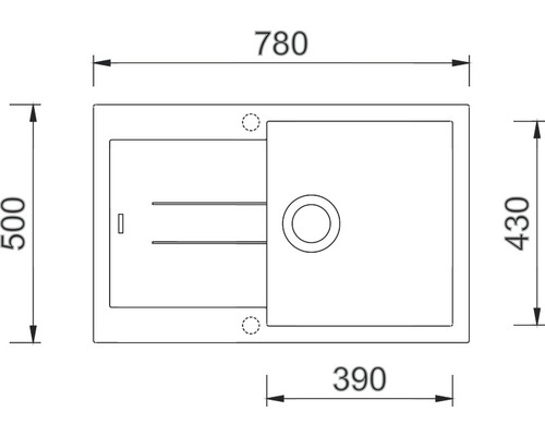 Technický nákres drezu s rozmermi 780 x 500 x 430 mm a umývadlom 390 mm