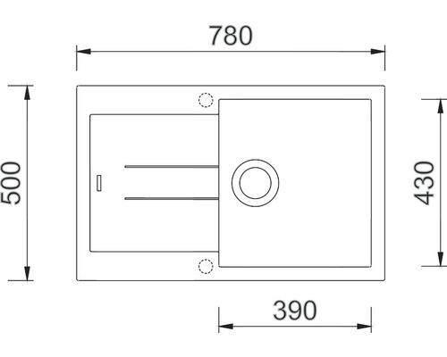 Technický nákres drezu s rozmermi 780 x 500 x 430 mm a umývadlom s rozmerom 390 mm