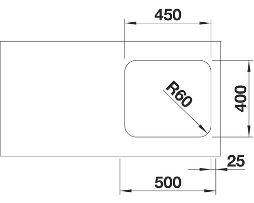 Technický nákres umývadla s rozmermi 450, 400, 500 a 25.