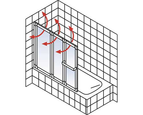 Kúpeľňa s vaňou a sprchovou zástenou so šípkami ventilácie