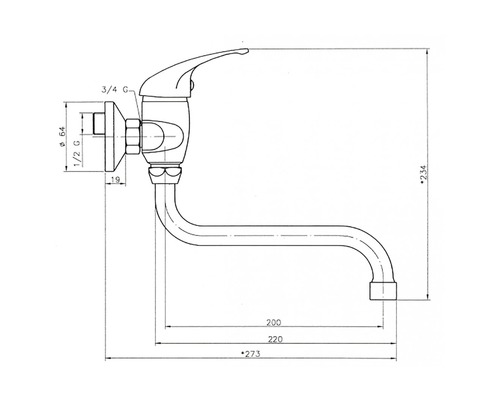 Technický nákres kuchynskej batérie s rozmermi