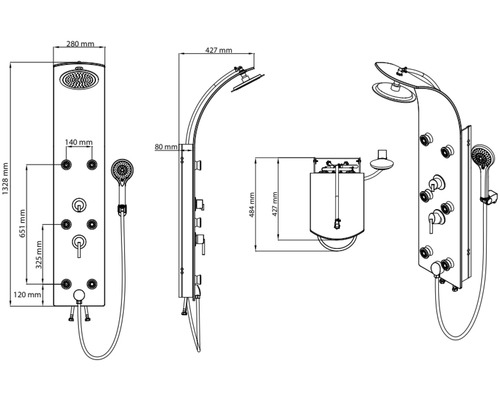 Technický nákres sprchového panela s rozmermi