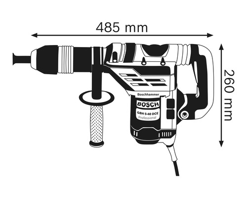 Obrázok vŕtacieho kladiva s rozmermi 485 mm na dĺžku a 260 mm na výšku.