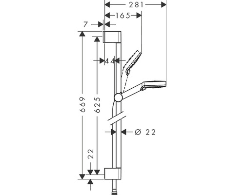 Technický nákres sprchovej tyče s rozmermi