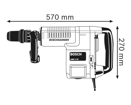 Obrázok búracieho kladiva Bosch GSH 11 E s rozmermi: dĺžka 570 mm, výška 270 mm