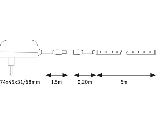 Technický výkres LED pásika so zástrčkou, 1,5 m prívodným káblom, 0,2 m prepojovacím káblom a 5 m svetelnou lištou.