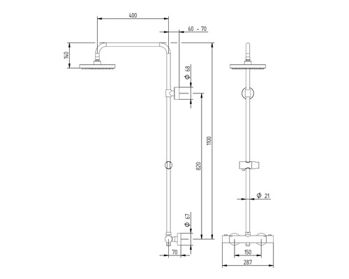 Technický nákres sprchovej armatúry s údajmi o výške a šírke.