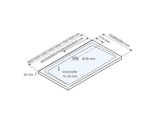 Technický výkres sprchovej vaničky s rozmermi