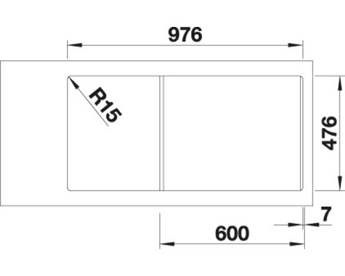 Technický nákres drezu s rozmermi 976 x 476 mm