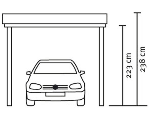 Nákres prístrešku pre auto s výškovými údajmi 223 centimetrov a 238 centimetrov