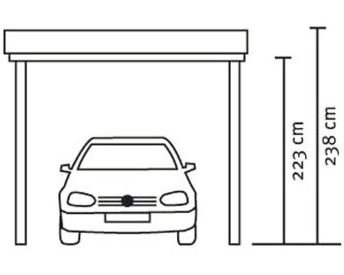 Nákres prístrešku pre auto s rozmermi 223 centimetrov a 238 centimetrov.