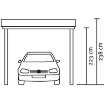 Ilustrácia prístrešku pre auto s výškovými údajmi 223 cm a 238 cm