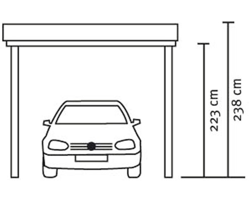 Ilustrácia prístrešku pre auto s výškovými údajmi 223 cm a 238 cm