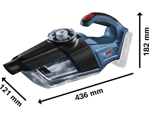 Akumulátorový vysávač s rozmermi 436 mm dĺžka, 121 mm šírka a 182 mm výška