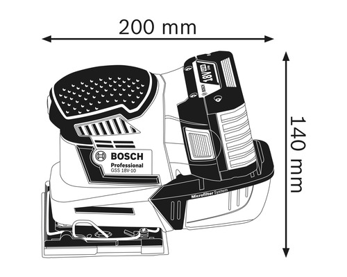 Rozmery akumulátorovej vibračnej brúsky Bosch GSS 18V-10: šírka 200 mm a výška 140 mm