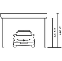 Nákres prístrešku pre auto s rozmermi 223 centimetrov a 242 centimetrov