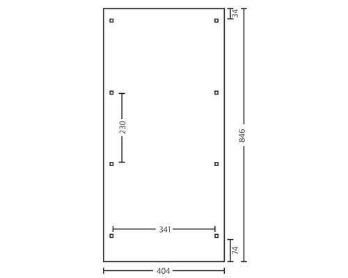 Technický výkres s rozmermi: výška 846 mm, šírka 404 mm, horná vzdialenosť 34 mm, dolná vzdialenosť 74 mm, bočná vzdialenosť 230 mm, stredová vzdialenosť 341 mm