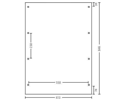 Technický výkres s rozmermi obdĺžnika: 613, 846, 550, 230, 74 a 34