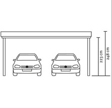 Rozmery dvojitého prístrešku pre auto: výška stĺpika 223 cm, celková výška 248 cm