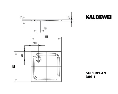 Kaldewei Superplan sprchová vanička 800x800 mm technický nákres