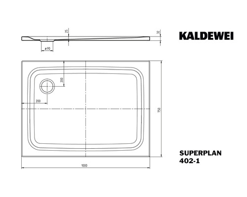 Technický nákres sprchovej vaničky Kaldewei Superplan s rozmermi