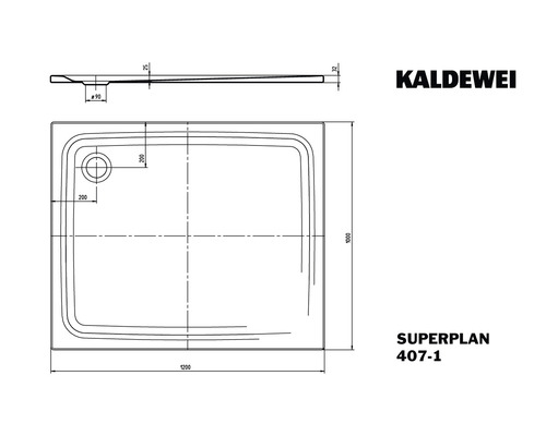Nákres sprchovej vaničky Kaldewei Superplan s rozmermi
