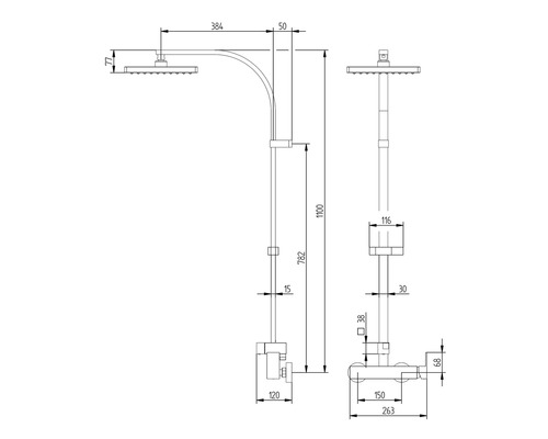 Technický výkres sprchovej súpravy s rozmermi