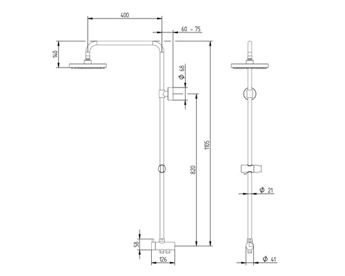 Technický nákres sprchovej armatúry s rozmermi