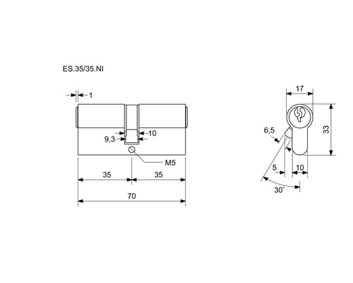 Technický výkres cylindrického zámku s rozmermi