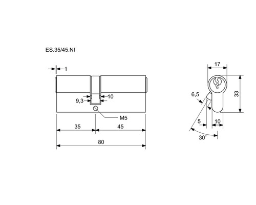 Technický nákres cylindrického zámku s rozmermi