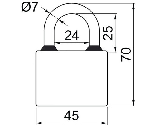 Technický nákres visiaceho zámku s rozmermi.