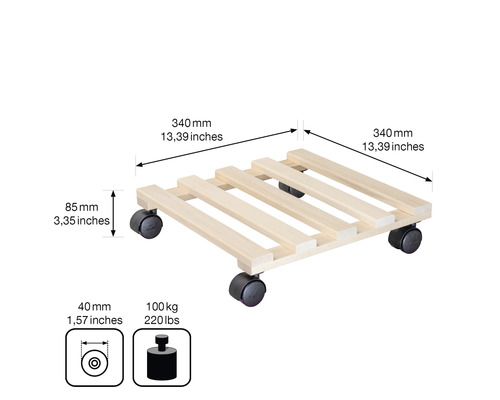Drevená koliesková doska s rozmermi a informáciami o nosnosti