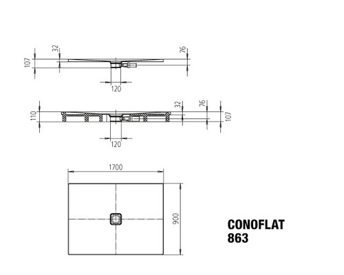 Technický nákres sprchovej vaničky s rozmermi