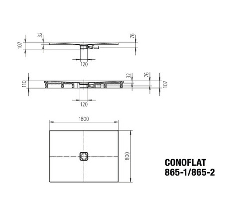 Technický nákres sprchovej vaničky Conoflat s rozmermi