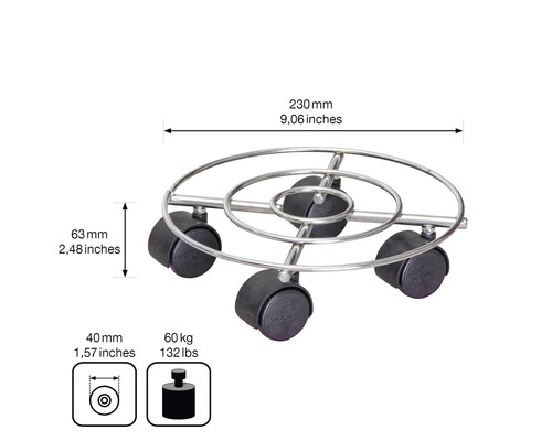 Kovový vozík pod kvetináč s maximálnou nosnosťou 60 kilogramov