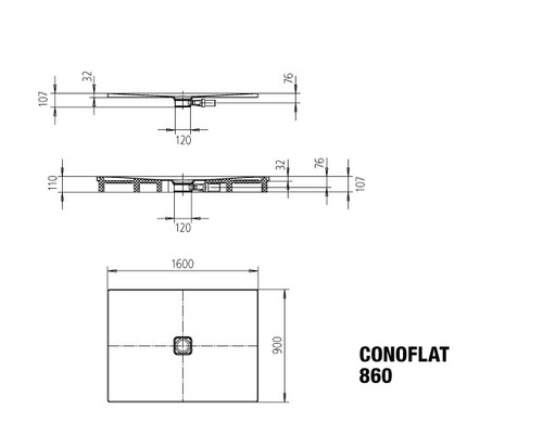 Technický nákres sprchovej vaničky Conoflat 1600 x 900 mm