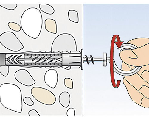 Ilustrácia skrutky s hmoždinkou v stene, ktorá sa ručne uťahuje