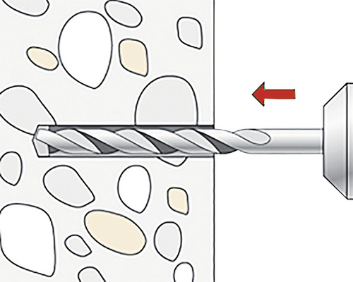 Ilustrácia vrtáka prenikajúceho do kamennej steny, s červenou šípkou označujúcou smer pohybu.