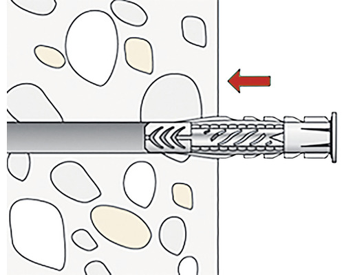 Upevňovací prvok hmoždinka v stene s červenou šípkou