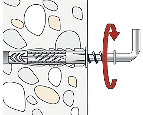 Ilustrácia upevnenia hmoždinky v stene so skrutkou a červenou šípkou